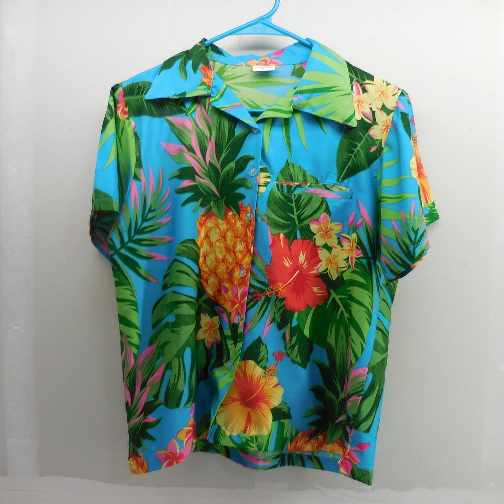 King Kameha Tropical Pineapple Hibiscus Hawaiian Shirt Blue S Short Sleeve